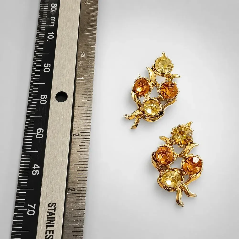 Vintage BSK‎ Rhinestone Clip-On Earrings Gold-Tone Clear Amber Brown 1